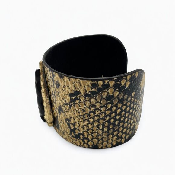 Snakeskin Print Bracelet Cuff Black Simulated Stone Arrowhead Southwest Chunky - Picture 7 of 16
